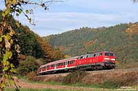 Der letzte Herbst für die Baureihe 218 in der Eifel: Zwischen Kordel und Ehrang fährt die 218 151 mit dem RE 12079 durch das herbstliche Kylltal. 30.10.2009