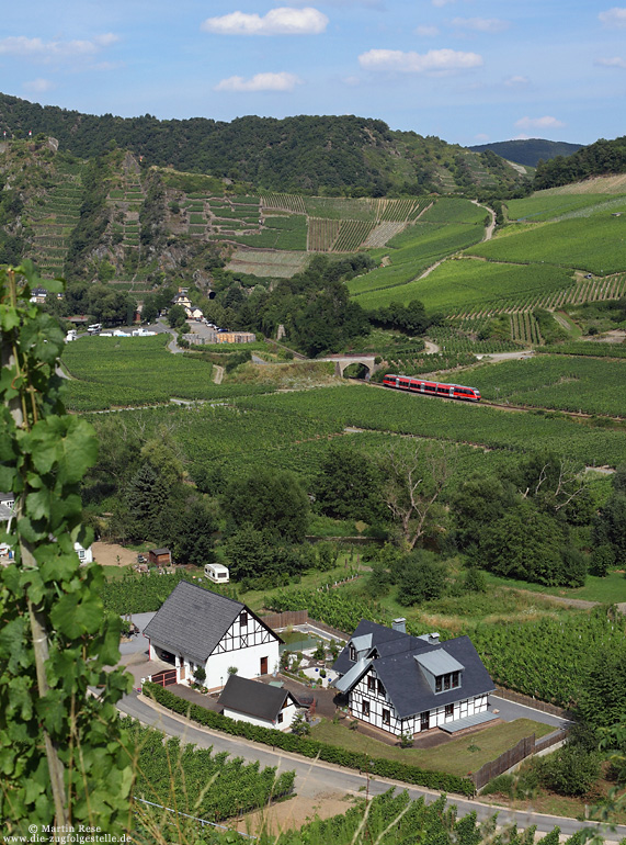 Panoramablick in das Ahrtal bei Mayschoß mit 643 050 und Bauernhaus