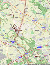 Karte der unvollendeten strategischen Bahnstrecke im Bereich Rommerskirchen, Berghein und Horrem
