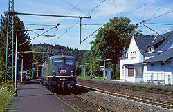 grüne 141 175 auf der Siegstrecke im Bahnhof Niederhövels mit Bahnhofsgebäude