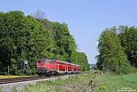 Umfangreiche Rodungsarbeiten zwischen Mochenwangen und Niederbiegen ermöglichten im Sommer 2009 für einige Wochen einen freien Blick auf die Eisenbahnstrecke. Hier fährt die 218 409 mit dem aus Doppelstockwagen gebildeten IRE4225 nach Lindau Hbf. 5.9.2009