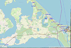 Landkarte vom südlichen Teil von Usedom mit Eisenbahnstrecken