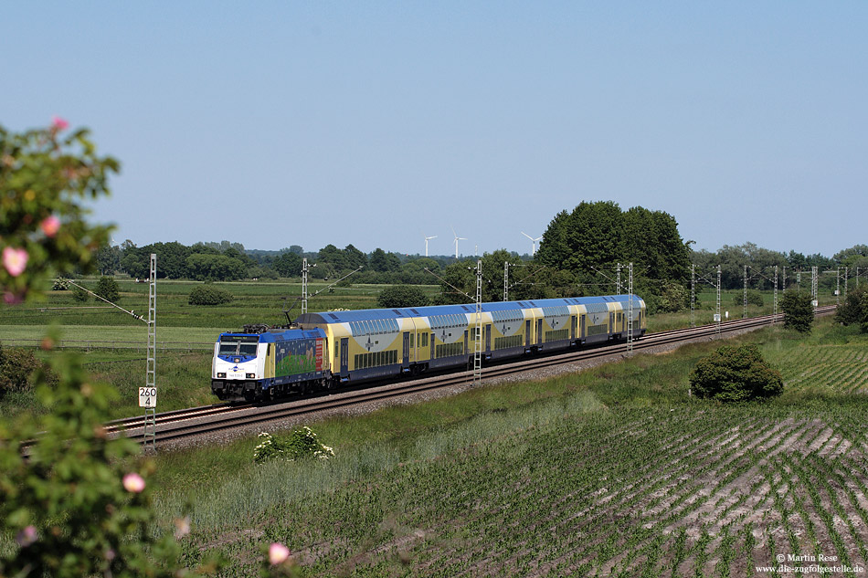 Kurz vor Sagehorn fährt die 146 535 mit dem ME81162 nach Bremen Hbf, 17.6.2010