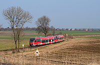 Zwischen Münster und Coesfeld dominieren die Triebwagen der Baureihe 643. Als RB29070 fährt der 643 574 bei Havixbeck nach Coesfeld. 22.3.2011
