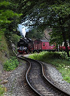 Die Harzer Schmalspurbahn GmbH setzt nach wie vor auch Dampflokomotiven im Reisezugverkehr ein. Mit dem HSB8965 (Gernrode – Hasselfelde) schnauft die 99 6001 bei Drahtzug durch das enge und kurvenreiche Selketal. 21.7.2011