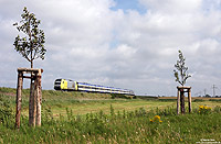 Im Dezember 2005 übernahm die Nord-Ostsee-Bahn den Nahverkehr auf der Marschbahn. Mit der NOB81716 (Hamburg Altona – Westerland) erreicht die ER20-015 in Kürze Keitum. 10.7.2011
