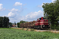 Planmäßig verkehrt die V70.01 der SWEG (Baujahr 1959) auf der Achertalbahn (Achern – Ottenhöfen). Anfang Juli wurde sie ausnahmsweise auf der Kaiserstuhlbahn eingesetzt. Am Mittag des 5.7.2013 fährt die Vierundfünfzigjährige mit zwei Holzwagen bei Endingen nach Freiburg Gbf.