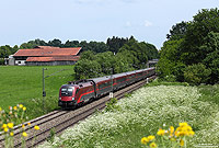 Der „Railjet“ ist ein Fernverkehrszug der Österreichischen Bundesbahn, der mit Lokomotiven der Baureihe 1116/1216 bespannt ist und mit einer Geschwindigkeit von bis zu 230km/h verkehrt. Südlich von Bad Endorf habe die 1116 201 mit dem RJ60 (Budapest Keleki – München Hbf) fotografiert. Zuglok an diesem 31.5.2015 war die 1116 201. 

