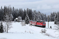 Bei Hinterzarten hat die 143 332 mit der RB26941(Freiburg – Neustadt) den Anstieg der Höllentalbahn geschafft und rollt nun ohne Mühe dem nächsten Halt Titisee entgegen. 25.1.2015