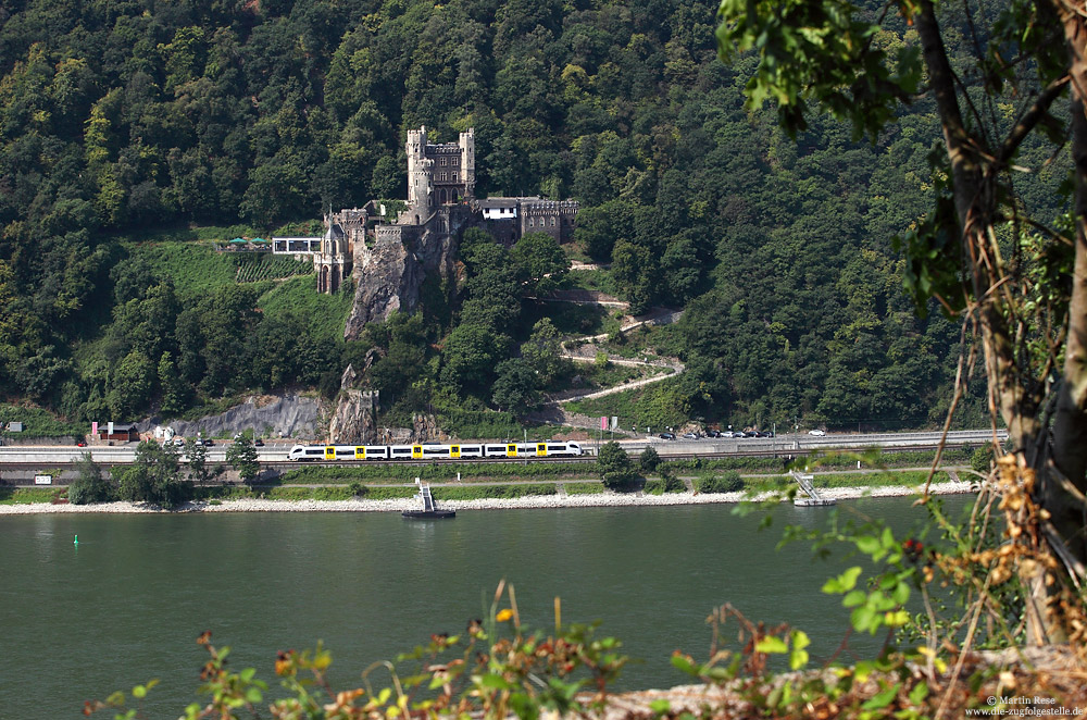 Unterhalb der Burg Rheinstein fährt die Mittelrheinbahn 25329 nach Mainz Hbf. 13.8.2015
