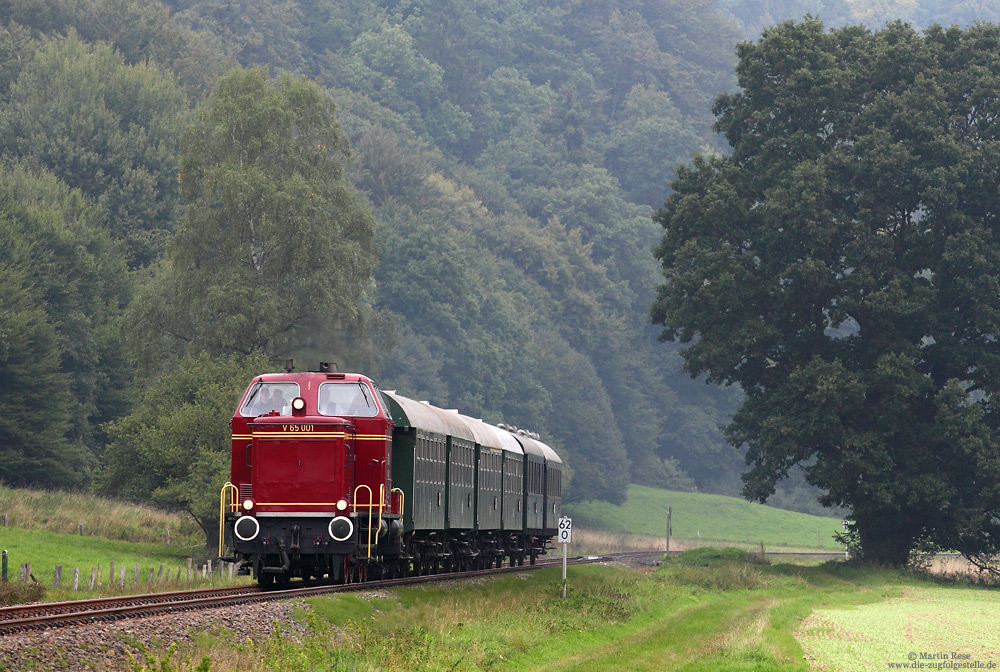 Auch die V65 001 der Osnabrücker Dampflokfreunde war bei der Kurhessenbahn zu Gast. Bis Mitte der 60er Jahre war die V65 in Marburg beheimatet und dürfte von dort aus so manches Mal durch das Edertal gedieselt sein, wie am 12.9.2015.