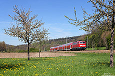 Die Nahverkehrszüge auf der Remsbahn (Stuttgart - Aalen) sind in fester Hand der Baureihe 111 mit Doppelstockwagen. Am Mittag des 24.4.2017 fährt die Ulmer 111 135 mit dem RE19419 (Stuttgart – Aalen) bei Lorch dem nächsten Halt Schwäbisch Gmünd entgegen.