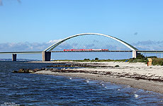 218 329 mit Strandexpress auf der Fehmarnsundbrücke