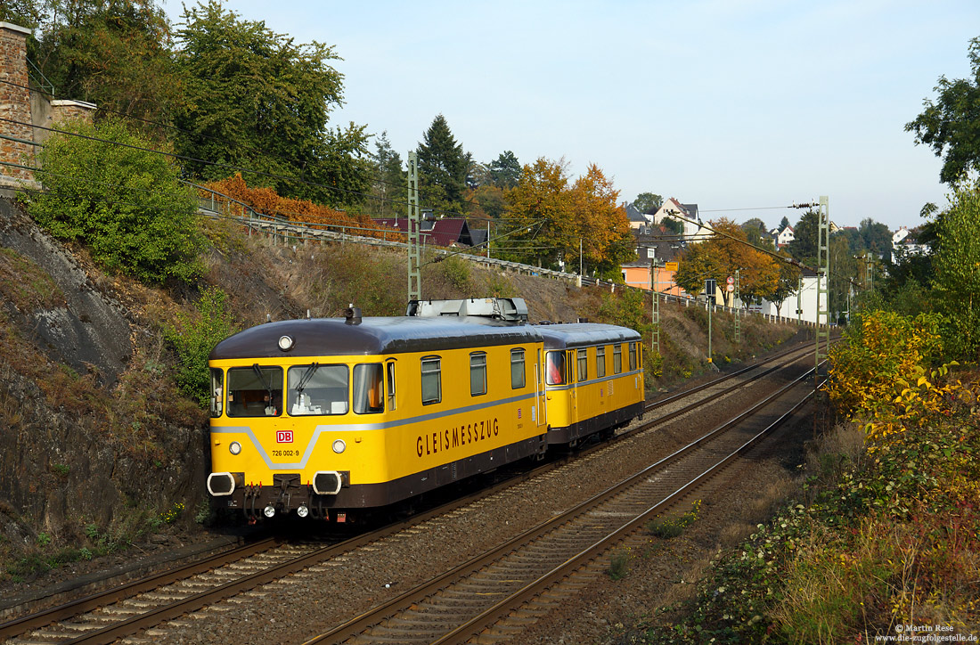 Gleismesszug 726 002 auf der rechten Rheinstrecke zwischen Fahr Ihrlich und Leutesdorf