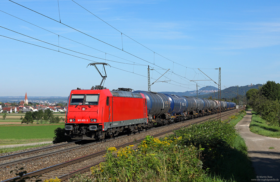 Rheincargo 185 605 mit Kesselwagenzug im Filstal bei Kuchen