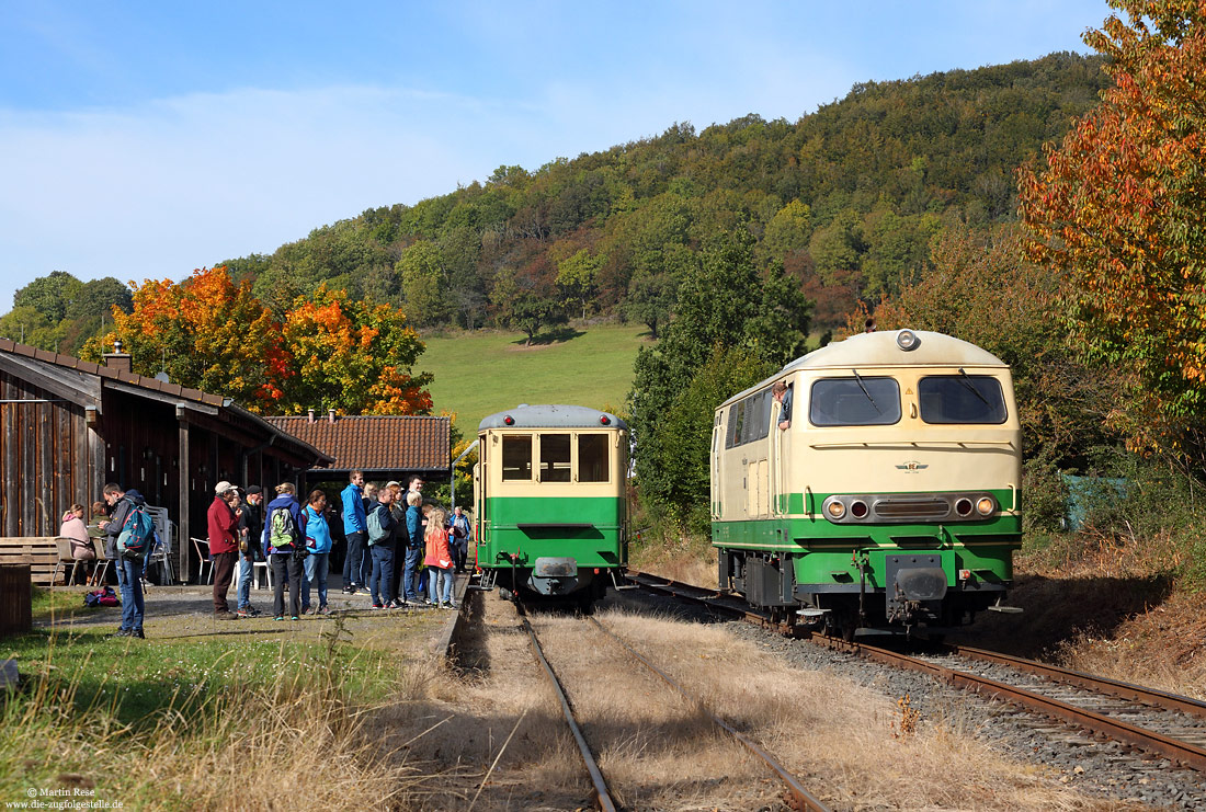 Schmalspur-V160 D5 der Brohltalbahn Engeln im Herbst