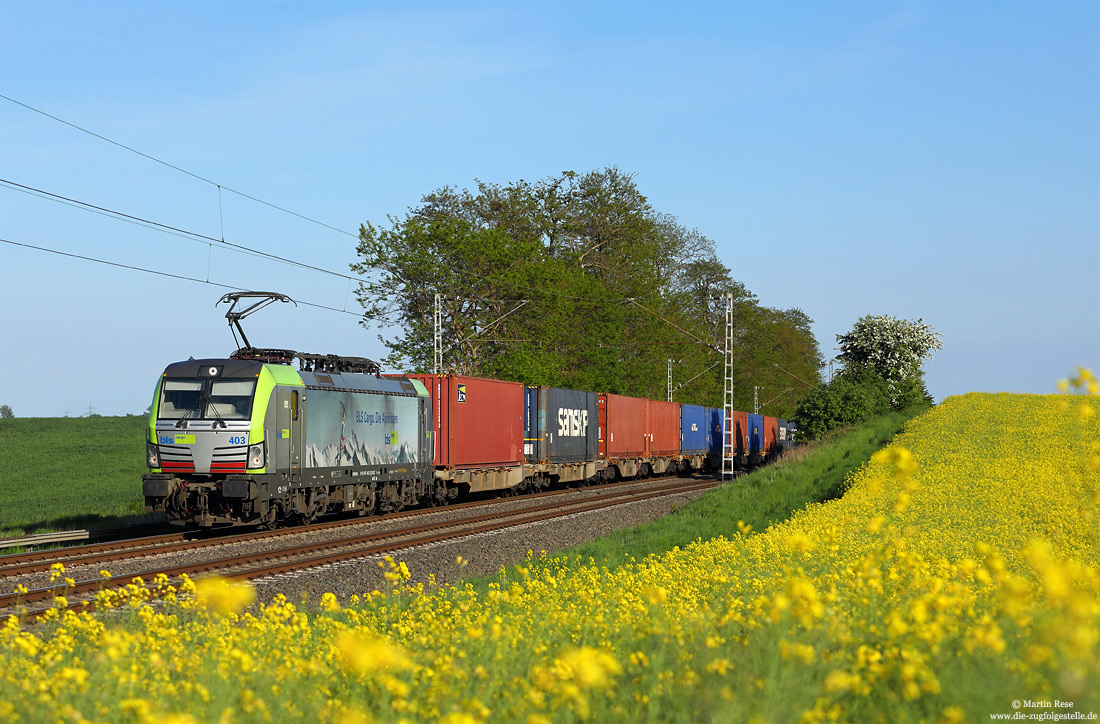 475 403 mit dem Captrain-DGS40236 (Melzo – Rotterdam-Waalhaven) im spätnachmittaglichen Licht am Rapsfeld nahe Rommerskirchen