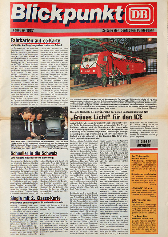 DB-Blickpunkt Februar 1987 mit Bericht von der Übergabe der ersten Serienlok der Baureihe 120