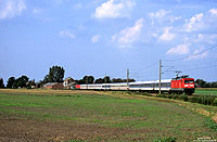 Im gemächlichen Tempo fährt die 112 179 mit dem IR2339 (Norddeich Mole - Leipzig) nahe dem ehemaligen Haltepunkt Engerhafe über das platte Land. Am anderen Zugende läuft eine weitere Lok der Baureihe 112 als Steuerwagenersatz. 5.9.2002 