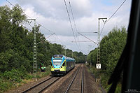 Nahe der ehemaligen Blockstelle Bentlage begegnete mir am 12.7.2013 der ET001 der Westfalenbahn, der als WFB90495 auf dem Weg von Bad Bentheim nach Bielefeld war.