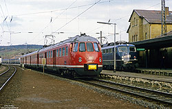 430 411 in Altenbeken Gleis 2, nebenan einfahrende 110 315 in blau