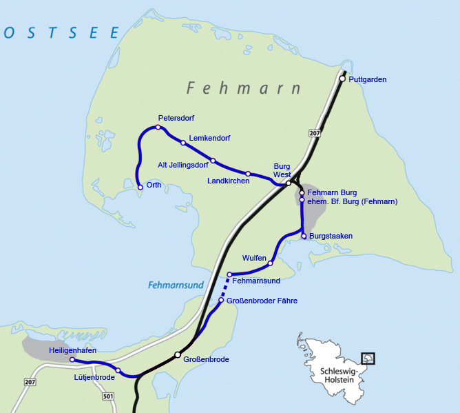 Karte der Insel Fehmarn mit Eisenbahnstrecken