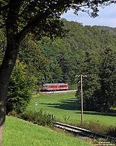 629 305 mit Telegrafenmaste am Stellbach zwischen Monreal und Urmersbach auf der Pellenz-Eifel-Bahn