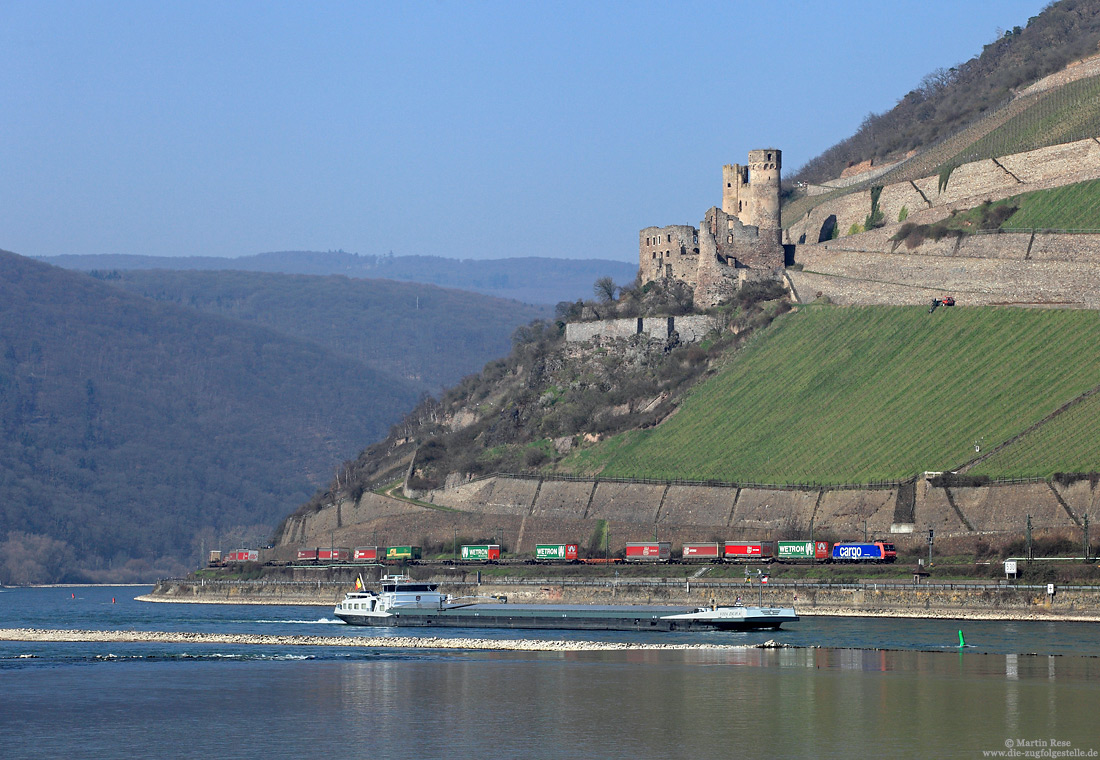 Unterhalb der Burgruine Ehrenfels überholt die 482 011 mit einem gen Süden fahrenden KLV-Zug das stromaufwärts fahrende Motorschiff „VITA DURA“, 13.3.2014.