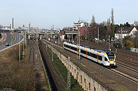 Aus Hamm kommend erreicht der ET7.12 der Eurobahn in Kürze sein Ziel Düsseldorf Hbf, aufgenommen am 24.2.2014 in Düsseldorf Derendorf. Rechts im Bild befanden sich einst die umfangreichen Gleisanlagen des Güterbahnhofs Derendorf.