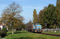 Für den spärlichen Güterverkehr auf den Strecken am Kaiserstuhl hat die SWEG die V103, eine Gemeinderlok aus 1985, im Bestand. Am 31.10.2014 hat die V103 mit dem werktäglichen Güterzug nach Freiburg Gbf soeben Riegel Ort verlassen.