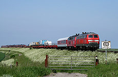 Marschbahn, 218 181 mit Syltshuttle auf dem Damm bei Klanxbüll