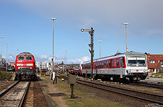 Marschbahn, 218 345 und 628 532 im Bahnhof Westerland