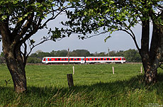 Blick durch die Bäume bei Langenhorn auf die Blocksignale und den SSP1481 nach Bredstedt