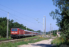 Am frühen Vormittag erreicht der Nz1949 aus Hagen die Insel Rügen. Bei der Durchfahrt des Bahnhofs Prora sind es nur noch wenige Kilometer bis zum Zielbahnhof Binz. Zuglok am 28.7.2001 war die Rostocker 143 651.