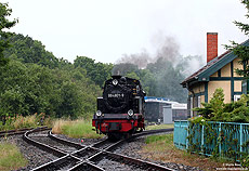 Am verregneten 10.7.2009 rangiert die 99 4801 im Bahnhof Putbus. Im Vordergrund kreuzen sich Schmalspur- und Regelspurgleis.