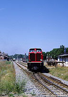 Am 28.7.2001 rangiert die V51 901 (ex DB 251 901) im Bahnhof Putbus. An der östlichen Bahnhofsausfahrt fädelt das Schmalspurgleis in das Streckengleis nach Lauterbach Mole ein.
