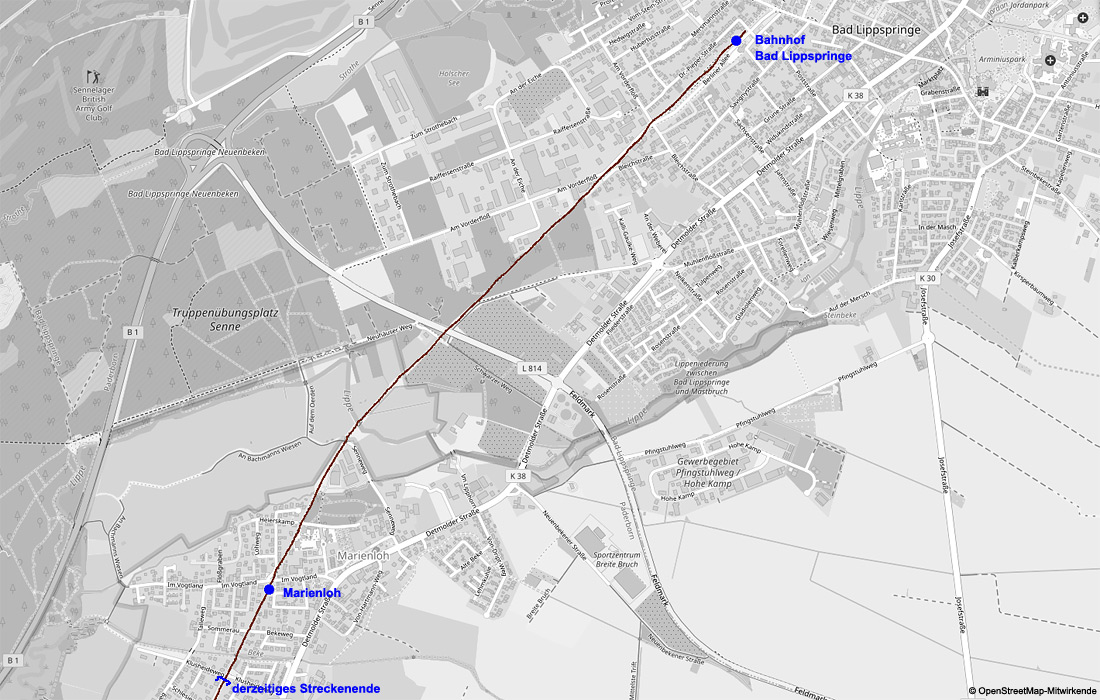Streckenkarte der Strecke Paderborn - Bad Lippspringe