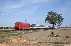 verkehrsrote 101 142 mit aus SBB-Wagen gebildeten EC7 in den Feldern bei Bobenheim