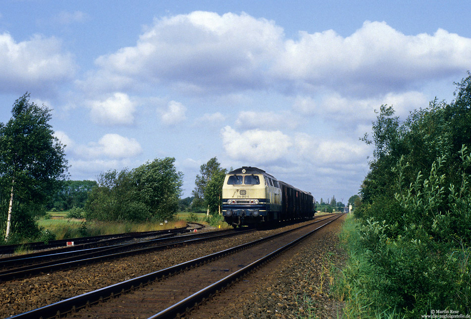 Zwischen Wilhelmshaven und Sande fährt die Oldenburger 216 062 mit einem kurzen Güterzug gen Süden. 8.7.1987