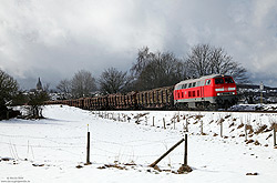 218 208 mit Güterzug bei Brilon Stadt im Schnee