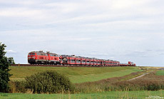 Inzwischen ist die Baureihe 215.9 bei DB-Autozug durch die Baureihe 218 ersetzt worden, welche im Gegensatz zu ihrer Vorgängerin ihre alte Loknummer behalten hat. Nahe Morsum hat die 218 227 den Hindenburgdamm hinter sich gelassen und die Insel Sylt erreicht. 13.9.2005