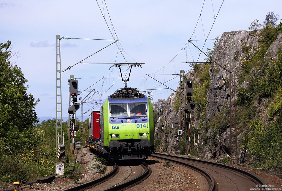 Ebenfalls bei Kleinkems fährt die 485 014 mit einer „Rollenden Landstraße“ gen Süden. 6.9.2011

