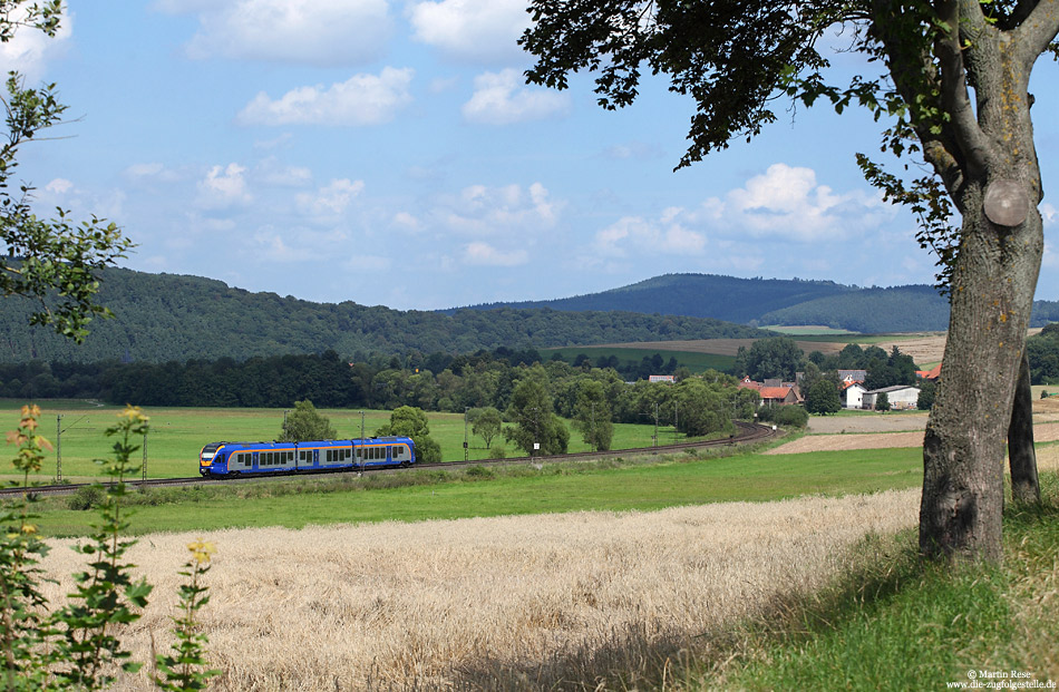 Seit 2006 verkehren die blau/grauen FLIRT’s der „Cantus Verkehrsgesellschaft“ auf der Nord-Südstrecke zwischen Kassel und Fulda. Auf dem Weg nach Kassel hat der CAN24204 soeben Haunetal Neukirchen verlassen, 8.8.2014.