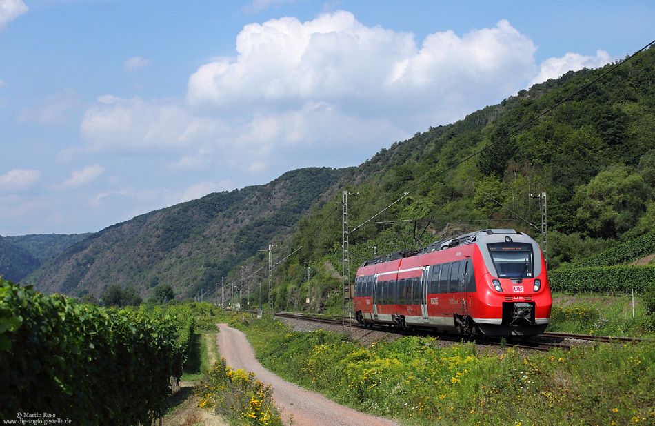 Im Nahverkehr auf der Moselstrecke dominieren inzwischen die „Hamsterbacken“ der Baureihe 442. Unterwegs als RB12219 (Trier Hbf – Koblenz Hbf) fährt der „Zwerghamster“ 442 001 dem nächsten Halt Pommern entgegen.