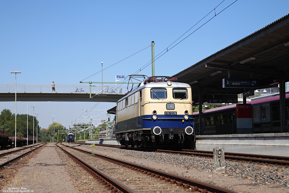 Mit einem Sonderzug der Eisenbahnfreunde Witten „verschlug“ es die E10 1239 des „Lokomotivclub 103 e.V.“ am 27.8.2016 nach Speyer. Da die Strecke erst im Jahr 2010 elektrifiziert wurde, dürften sich hierher nicht allzu viele E10 verirrt haben. Einzige mir bekannte Leistung war der IC2285, der zeitweise mit der Baureihe 115 bespannt war.