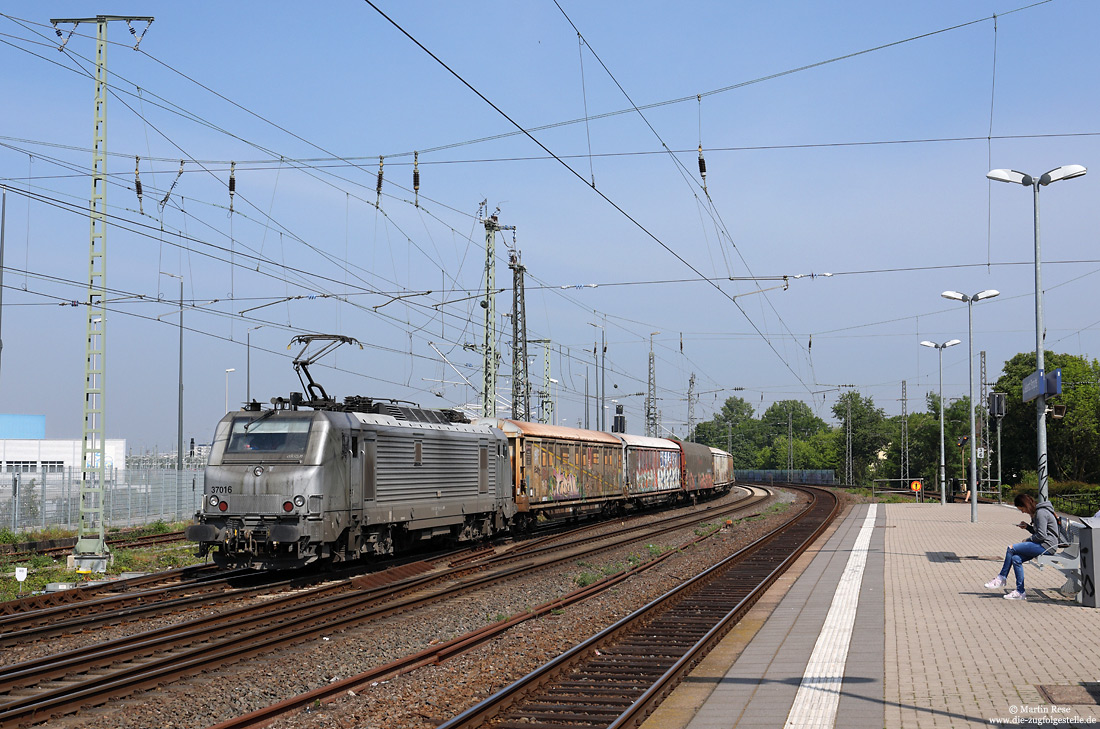 silberne akiem 37016 mit Güterzug in Köln-Nippes an der S-Bahnhaltestelle Köln-Geldernstraße Parkgürtel