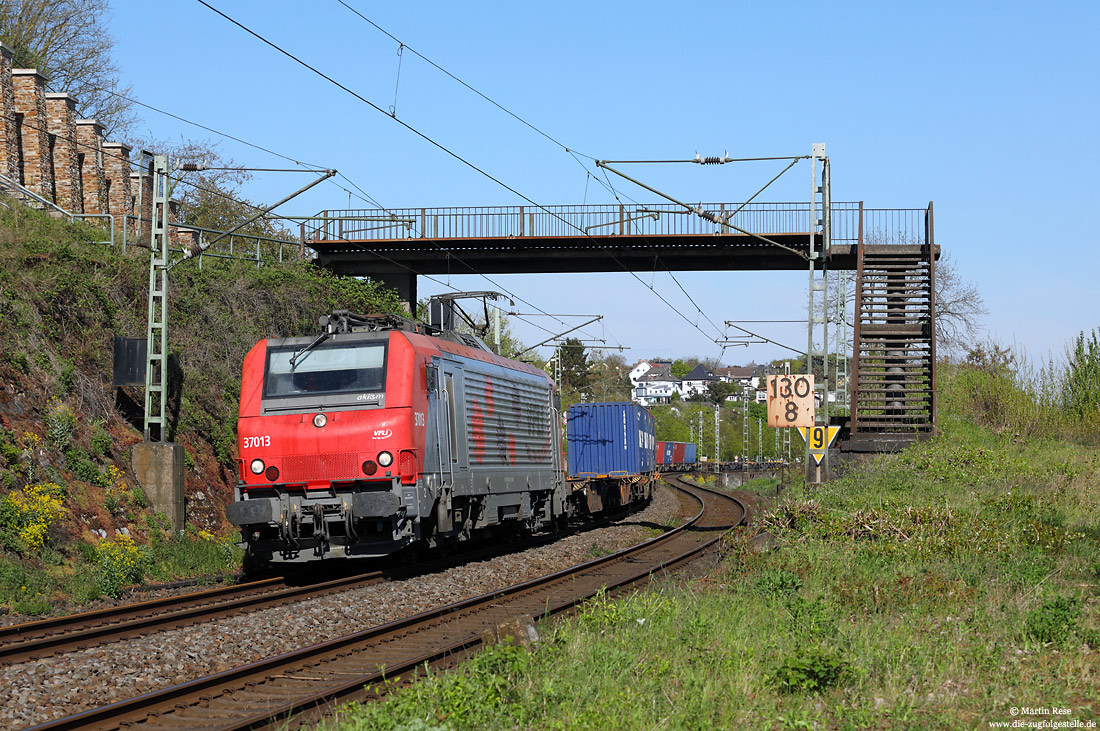 437013 mit KV-Zug an der Fußgängerüberführung bei Leutesdorf auf der rechten Rheinstrecke