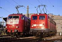 103 174 in orientrot und 110 244 in verkehrsrot im Bw Köln Bbf