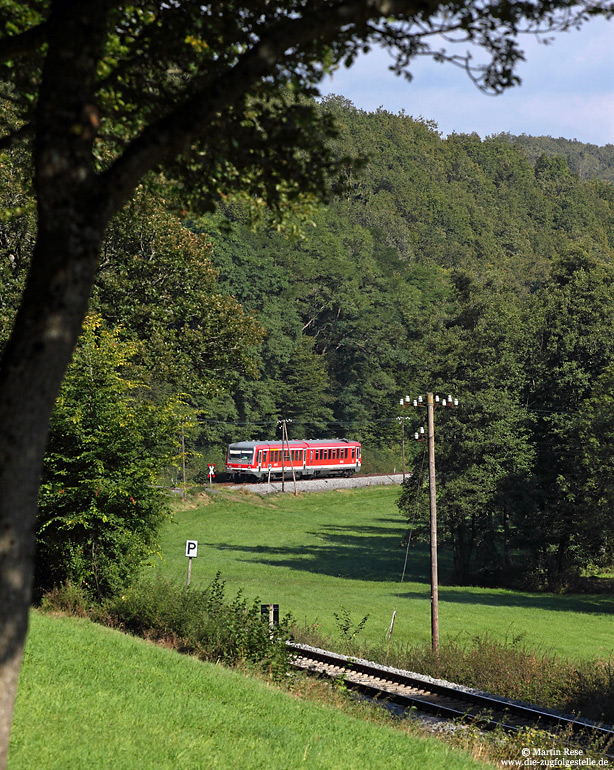 629 305 mit Telegrafenmaste am Stellbach zwischen Monreal und Urmersbach auf der Pellenz-Eifel-Bahn