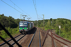 Am 1.8.2019 begegnet mir am Abzweig Sersheim-Aischbach die 193 244 mit einem KV-Zug gen Süden.<br>
Mit dem Bau der Schnellfahrstrecke Mannheim – Stuttgart wurde die Strecke Mühlacker – Bietigheim-Bissingen bei Vaihingen auf einer Länge von 6,5 km neu trassiert und es entstand der neue Bahnhof Vaihingen (Enz). Der an der ursprünglichen Stecke befindliche Bahnhof Vaihingen Nord blieb über eine eingleisige Stichbahn vom Abzweig Sersheim-Aischbach aus erreichbar, welche heute nicht mehr planmäßig befahren wird. 
